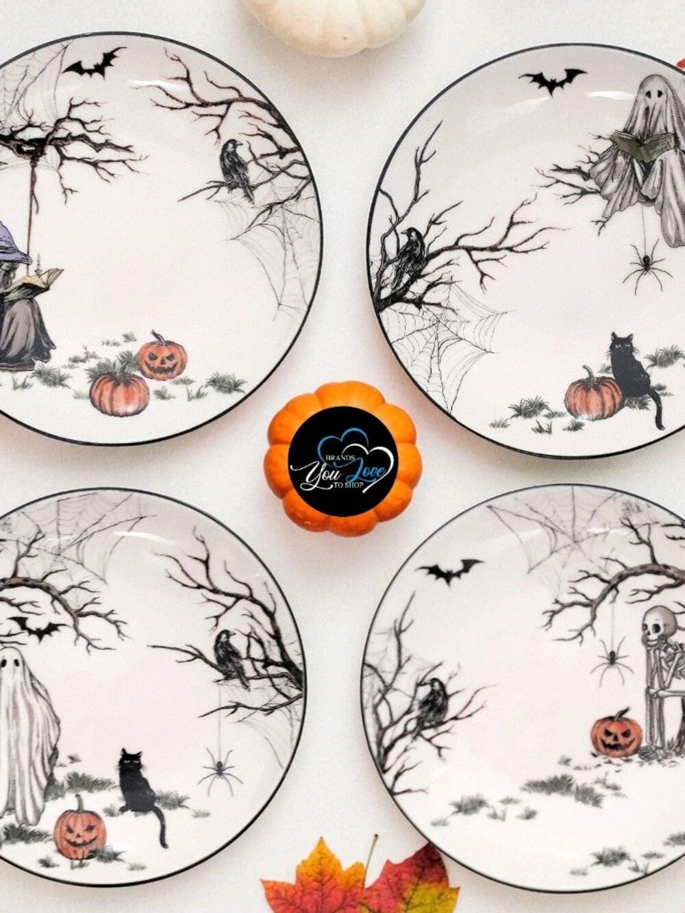 Pottery Barn S/4 Midnight Manor Appetizer Plates 7" NIB Stoneware Halloween